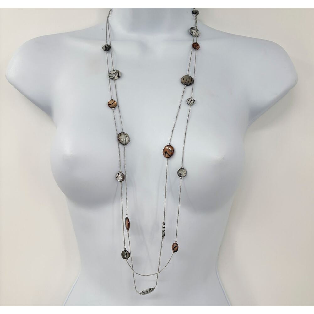 Christopher & Banks 36" Long Beaded Necklace with Black & Brown Swirl Design NWT